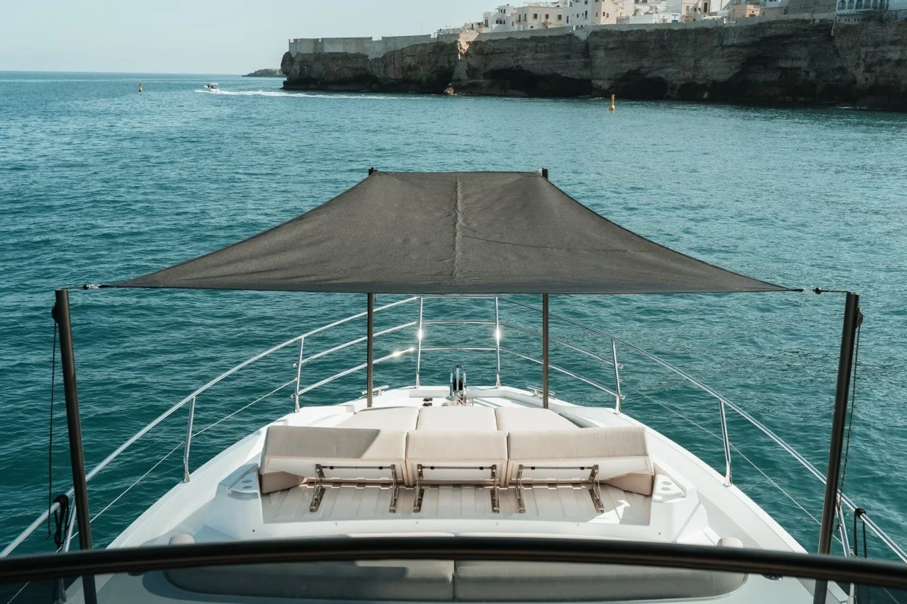 Azimut 53 Fly foredeck overlooking the Puglia coast