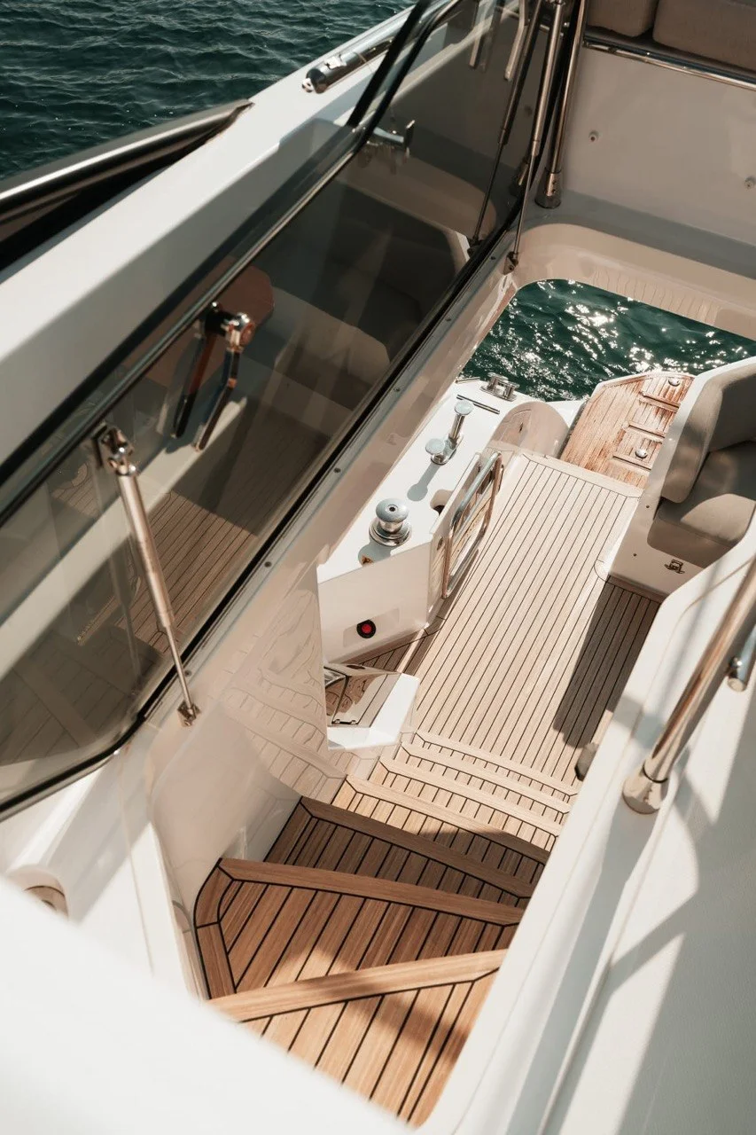 Teak side deck and steps aboard the Azimut 53 Fly