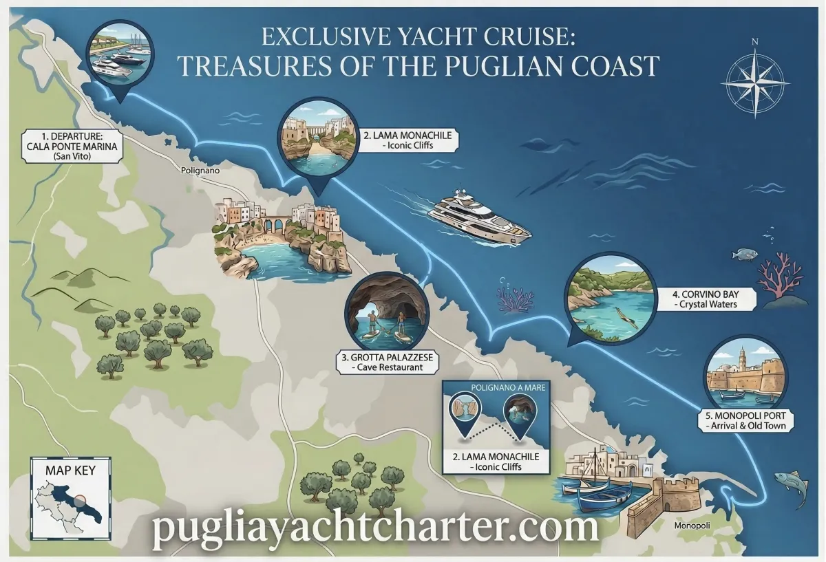 Illustrated map of exclusive yacht cruise route along the Puglian coast from Cala Ponte Marina to Monopoli