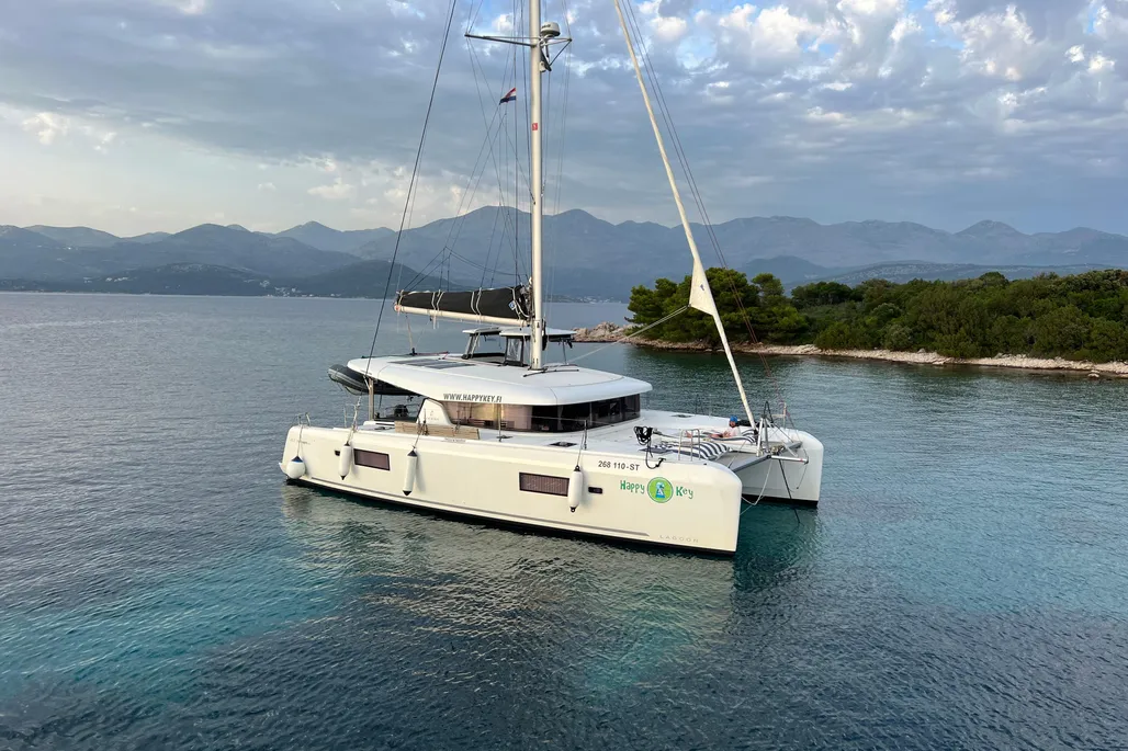 Lagoon 42 catamaran sailing aerial view