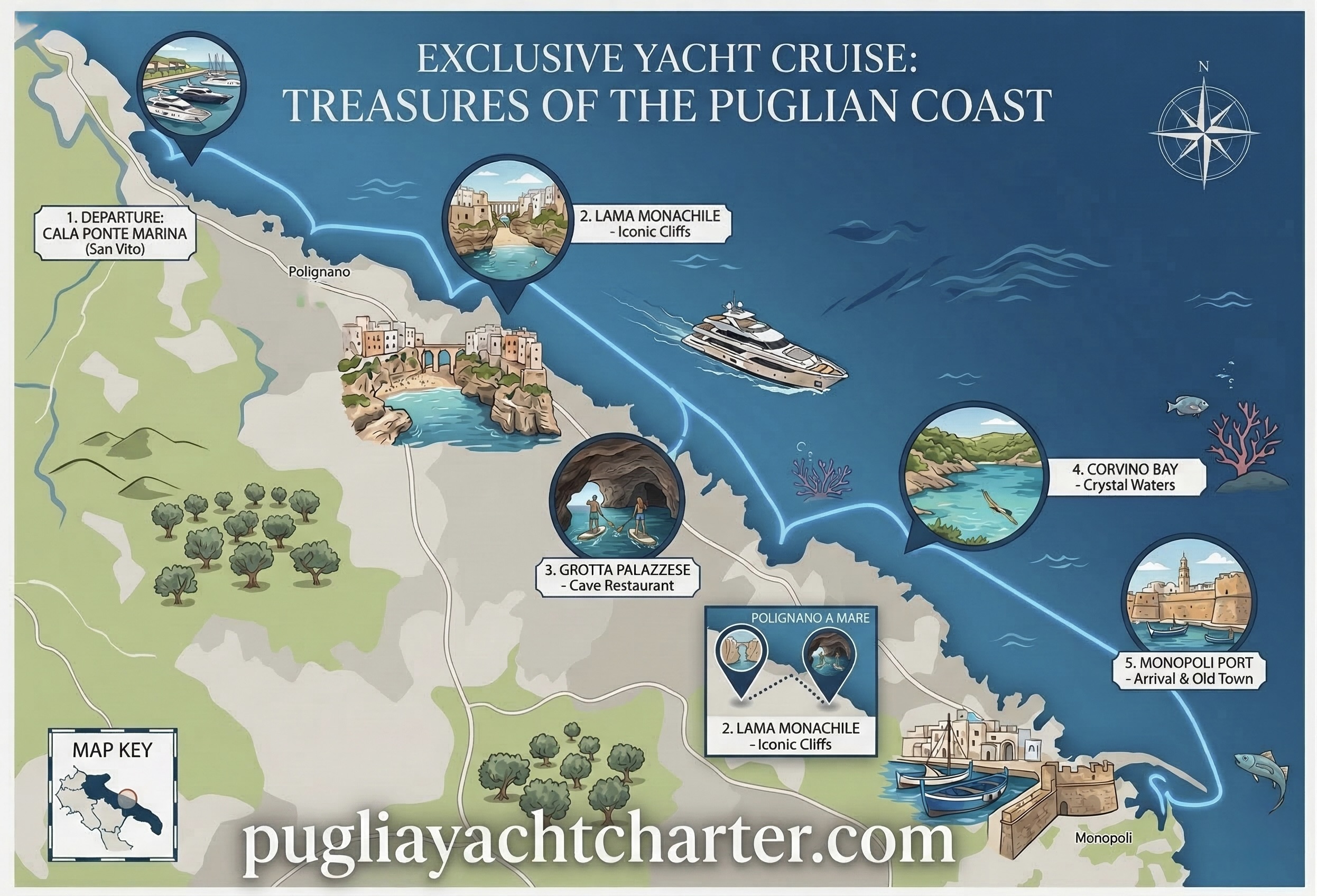 Yacht charter route map from Polignano a Mare to Monopoli showing Cala Ponte Marina, Polignano Sea Caves, Cala Corvino and Monopoli stops