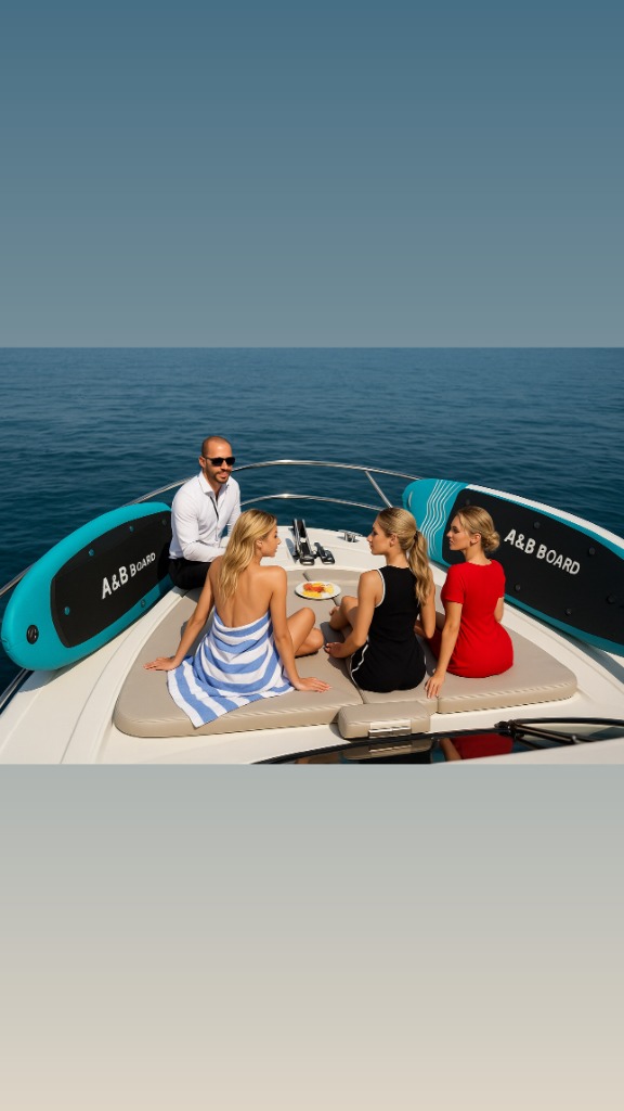 Guests relaxing on the bow with SUP boards